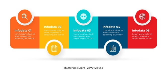 Business strategy timeline design elements with marketing icons. Project planning roadmap with  5 steps or options. Vector illustration.