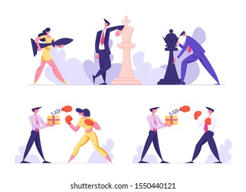 Business Strategy And Unfair Fighting Set. Businesspeople Playing Huge Chess. Businessman And Businesswoman Boxing Fight. Competition And Challenge In Office Work. Cartoon Flat Vector Illustration