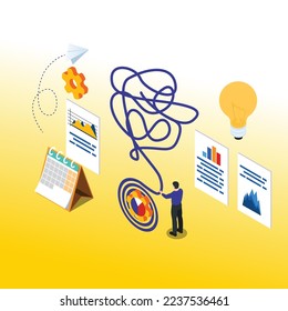 Business strategy untangle difficult and complicated task isometric 3d vector illustration concept for banner, website, illustration, landing page, flyer, etc.