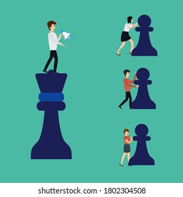 Business strategy vector concept: businessman commanding his group of employees to push the big pawn pieces