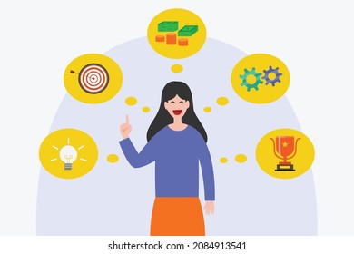 Business strategy vector concept. Young woman thinking about of business strategy while standing in the studio