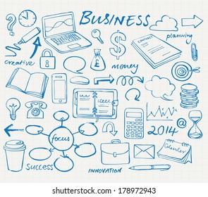 Business strategy vector doodle icon set