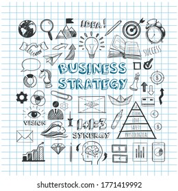 Business strategy. Vector hand drawn Infographic icons set. Financial managament and office isolated objects