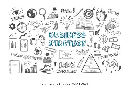 Business strategy. Vector hand drawn Infographic icons set. Financial managament and office isolated objects