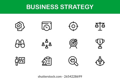 Iconos vectoriales de estrategia empresarial con planificación, análisis, finanzas, éxito e innovación en diseño limpio, moderno y de Profesional