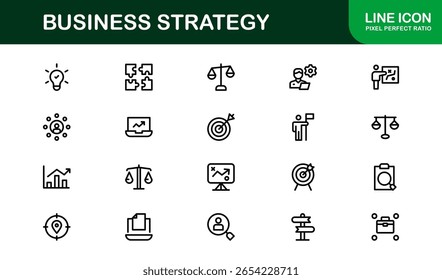Iconos vectoriales de estrategia empresarial con planificación, análisis, finanzas, éxito e innovación en diseño limpio, moderno y de Profesional