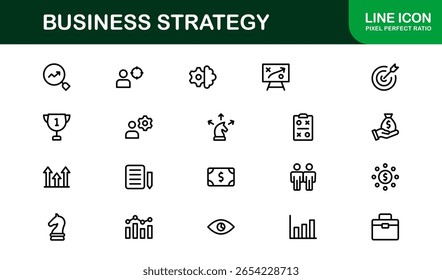 Business Strategy Vektor Icons mit Planung, Analytik, Finanzen, Erfolg und Innovation in sauberem, modernem und professionellem Design