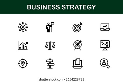 Business Strategy Vektor Icons mit Planung, Analytik, Finanzen, Erfolg und Innovation in sauberem, modernem und professionellem Design