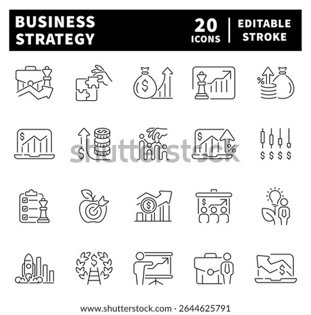 Business strategy vector icons. Business strategy icons set in line style.  Set of outline icons related to business. Finance, sales, strategy, plan, business icons