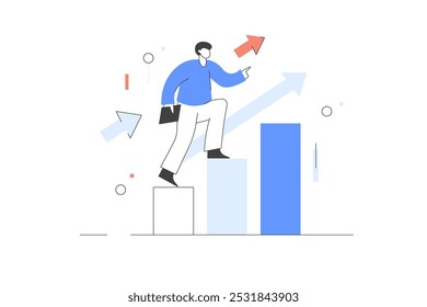 Estrategia empresarial. Ilustración vectorial. Carácter que demuestra el crecimiento financiero. Concepto de estrategia, planificación y éxito. Línea minimalista, abstracta