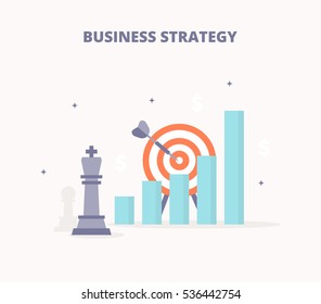 Business strategy vector illustration. Chess king, bar chart, growth arrow, target, icons set. Flat design concept for web banners, web sites, printed materials, infographics.