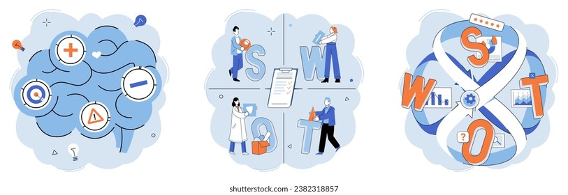 Business strategy. Vector illustration A collection flat icons represents various business concepts Group dynamics influence team performance and outcomes Vector illustrations are versatile
