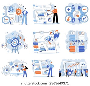 Business strategy. Vector illustration Design plays vital role in corporate branding and identity Leadership skills are necessary for guiding teams towards success A managers role involves effective