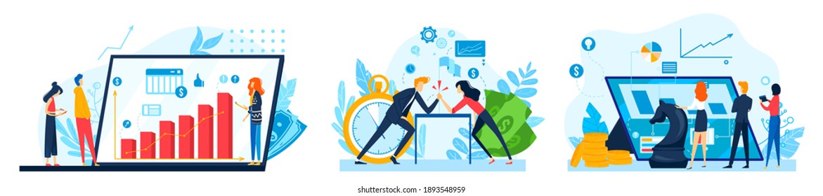 Business strategy vector illustrations set. Concept of analyzing project, financial report and strategic thinking, analytics in finances, market research. Strategical fight, managment, planning.