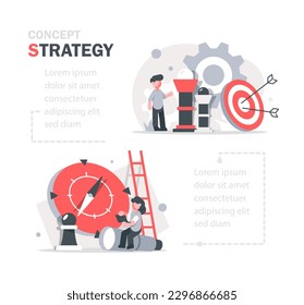 Business strategy vector illustrations set. Concept of analyzing project, financial report and strategic thinking, analytics in finances, market research