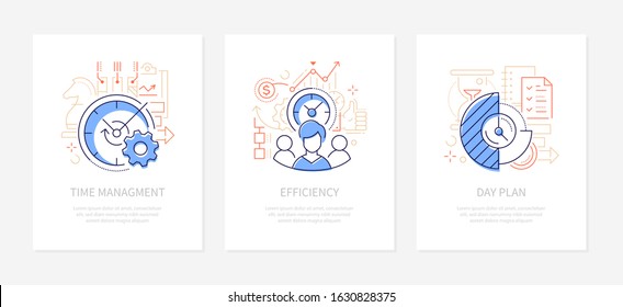 Business strategy - vector line design style banners set with place for text. Time management, efficiency, day plan concepts. Teamwork, deadline, daily routine, check lists linear illustrations