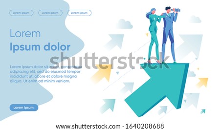 Business Strategy, Venture Risks Evaluation and Choosing Company Development Direction. Businessman and Businesswoman Cartoon Characters Standing on Rising Up Arrow. Flat Vector Illustration.