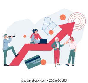 Business strategy and vision goals concept. Business people looking forward future achievements and tasks, flat vector illustration isolated on white. Analysis, vision and raising profit.