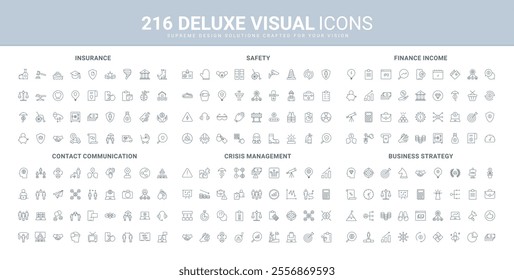 Business strategy and vision of trends, finance income line icon set. Risk of investment and safety, insurance document, communications and relations thin black outline symbols vector illustration