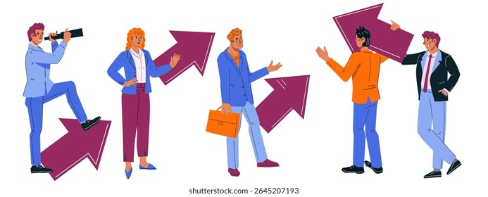 Business strategy and visionary concept of challenge, goal and future vision. Business people choose goals and direction of development, vector illustration isolated on white background.