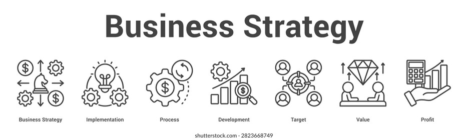 Business Strategy web banner icon set vector illustration concept for business with icon of Business Strategy, Implementation, Process, Development, Targ.