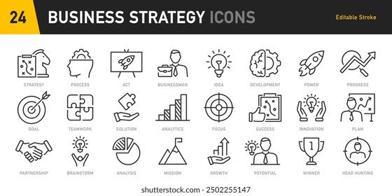 Business Strategy web icon in line style. Strategy, startup, teamwork, people, plan, payment, management, target, employee, infographic. Icon collection. Vector illustration.	