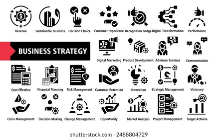 Business Strategy web icon set vector illustration. Containing Sustainable Business, Revenue, Customer Experience, Decision Choice, Digital Transformation, Strategic Management, Simple flat vector.
