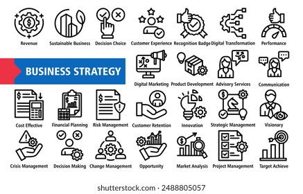 Ilustración vectorial de conjunto de iconos de Web de estrategia empresarial. Conteniendo Negocios Sostenibles, Ingresos, Experiencia del Cliente, Elección de Decisión, Transformación Digital, Gestión Estratégica, Vector de línea simple.