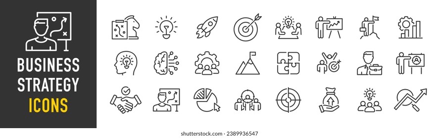 Iconos web de la Estrategia de negocio en estilo de línea. Estrategia, inicio, trabajo en equipo, personas, plan, pago, gestión, destino, empleado, infografía. Colección de iconos. Ilustración vectorial.