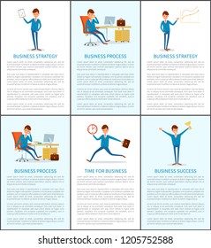 Business strategy, working process of businessman vector. Web pages with text sample, Presentation of details, data analysis , statistics on board