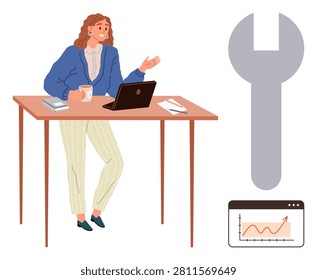 Business strategy, workplace productivity, problem-solving, technology tools, collaboration, efficiency. Woman working on a laptop at a desk, holding coffee. Problem-solving and workplace