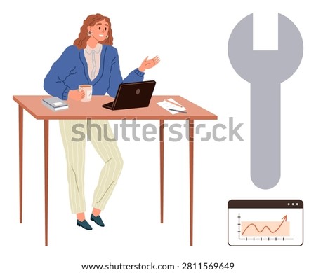 Business strategy, workplace productivity, problem-solving, technology tools, collaboration, efficiency. Woman working on a laptop at a desk, holding coffee. Problem-solving and workplace