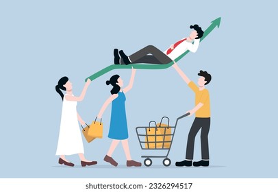 Business strength due to customer base, ability of company to attract and retain customers concept, Customers raising positive graph supporting relaxed businessman.
