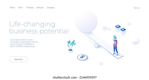 Business strength potential in isometric vector design concept. Powerful businesswoman striving and achieving corporate goal. Motivation web banner layout