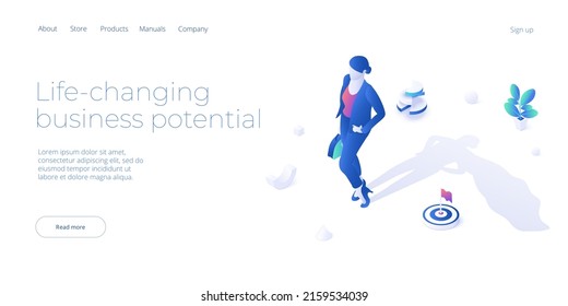 Potencial de potencia empresarial en el concepto de diseño vectorial isométrico. Poderosa líder empresaria logrando objetivos corporativos. Diseño de banners web de motivación de superhéroes