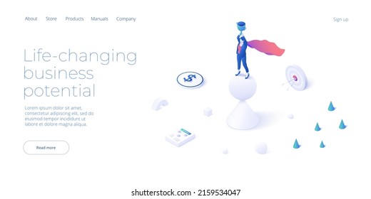 Business strength potential in isometric vector design concept. Powerful businesswoman striving and achieving corporate goal. Motivation web banner layout