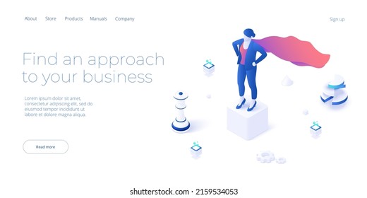 Business strength potential in isometric vector design concept. Powerful businesswoman striving and achieving corporate goal. Superhero motivation web banner layout