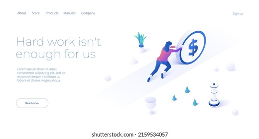 Business strength potential in isometric vector design concept. Powerful businesswoman striving and achieving corporate goal. Motivation web banner layout