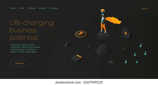 Business strength potential in isometric vector design concept. Powerful businesswoman striving and achieving corporate goal. Motivation web banner layout