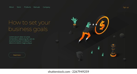 Business strength potential in isometric vector design concept. Powerful businesswoman striving and achieving corporate goal. Motivation web banner layout