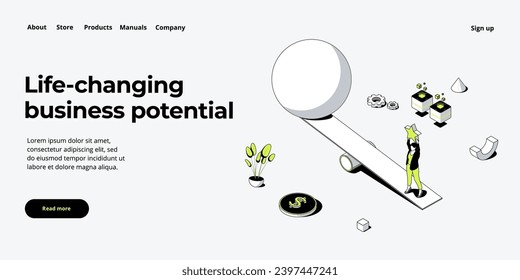 Business strength potential in isometric vector design concept. Powerful businesswoman striving and achieving corporate goal. Motivation web banner layout