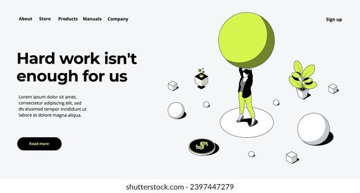 Business strength potential in isometric vector design concept. Powerful businesswoman striving and achieving corporate goal. Motivation web banner layout