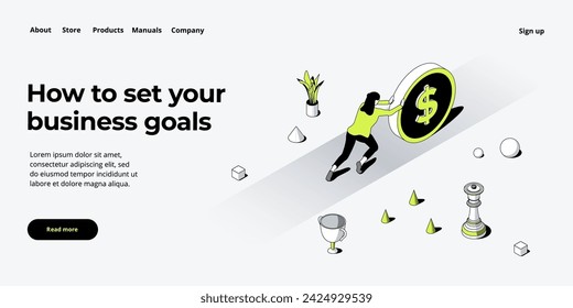 Business strength potential in isometric vector design concept. Powerful businesswoman striving and achieving corporate goal. Motivation web banner layout