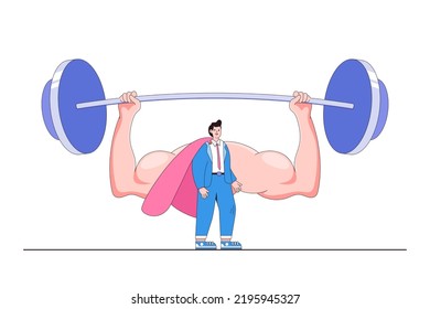 Business strength potential, strong ambition to finish job, career challenge, powerful leadership, growth motivation concepts. Businessman super hero lifting heavy weight using huge muscle shadow.
