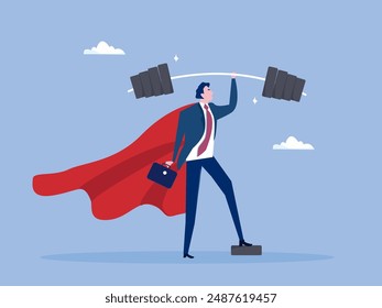 Business Strengths, strong power to get job done and success, career challenge or winning skill with strong leadership concept,strong businessman hero show his strength by easy lifting heavy weight
