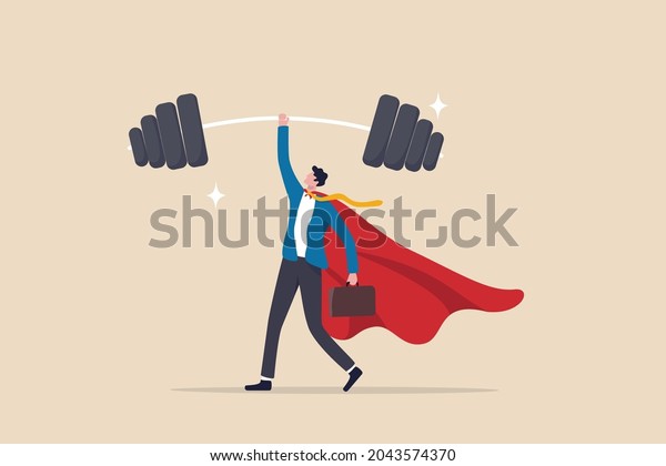 Business Strengths, strong power to get job done\
and success, career challenge or winning skill with strong\
leadership concept, strong businessman hero show his strength by\
easy lifting heavy\
weight.