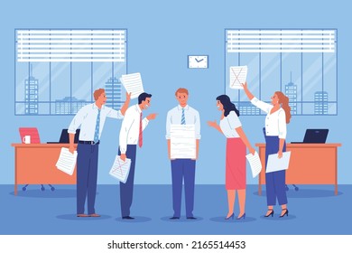 Business stress burnout composition overworked employee stands among demanding colleagues with a stack of papers vector illustration