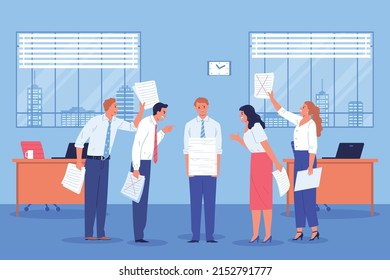 Business stress composition with burned-out employee and screeming collegues flat vector illustration