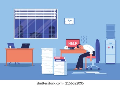 Business stress composition with burned-out women and text help on laptop screen flat vector illustration