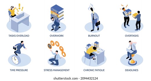 Business stress compositions set with deadlines symbols isometric isolated vector illustration